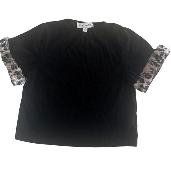 Sara Campbell Black Velvet Top XS | Faux Fur Leopard Cuff Sleeves | Made in USA - Picture 1 of 4